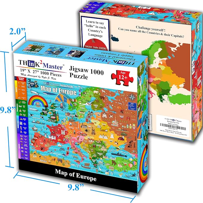 Think2Master Colorful Map of Europe 1000 Pieces Jigsaw Puzzle for Kids 13+, Teens, Adults & Families. Great Gift for stimulating Interest in the European Map. Size: 26.8” X 18.9”