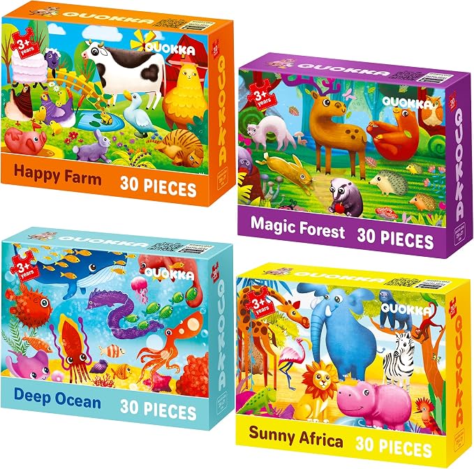 QUOKKA Puzzles for Toddlers 3-5 - 4 x 30 Pieces Puzzles for Kids Ages 2-4 - Animal Learning Jigsaw Puzzle for Kids 4-6 Years Old - Educational Toys for Boy and Girl