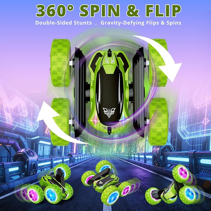 KKONES Remote Control Car, 2.4GHz Electric Race Stunt Car, Double Sided 360° Rolling Rotating Rotation, LED Headlights RC 4WD High Speed Off Road Gift for 3 4 5 6 7 8-12 Year Old Boy Toys (Green)