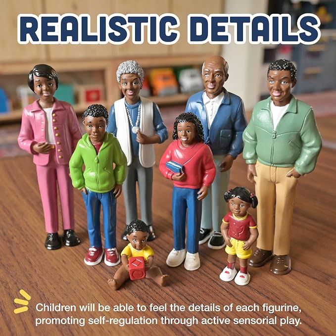 Creative Minds Marvel Education African American Family Toy Figure Set for Kids Ages 3+, Set of 8 Inclusive and Diverse Dollhouse Toy Figurines, Multicolor