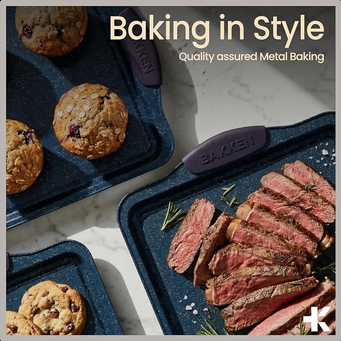 BAKKEN Kitchen Baking Pan Set - Nonstick Coating, Carbon Steel Bakeware Sets with Blue Silicone Handles, Baking Kitchen Essentials, PFOA, PFOS, PTFE Free, Oven Safe Tray (Up To 450° F), Set of 10