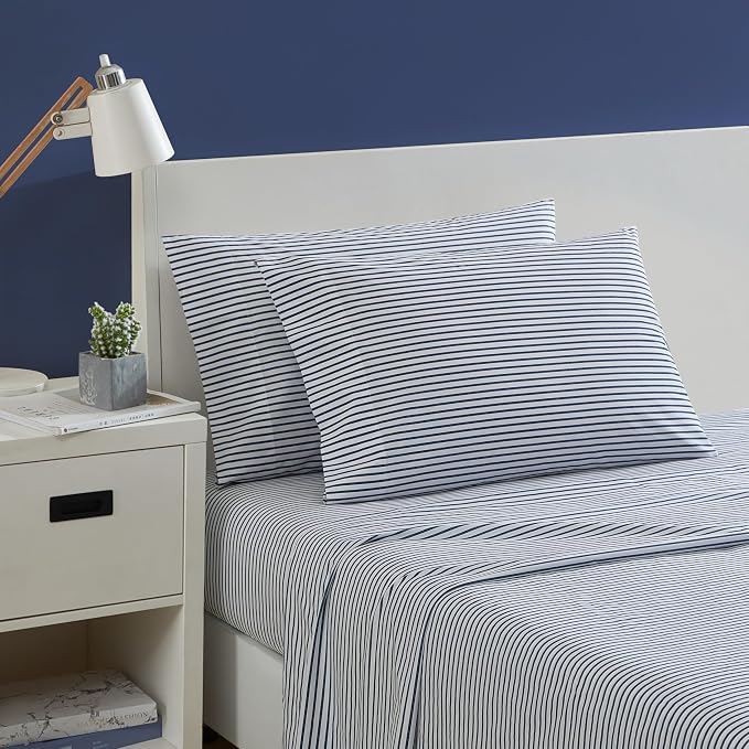 Nautica- Queen Sheet Set, Cotton Percale Bedding Set, Crisp & Cool, Lightweight & Breathable (Harmead Navy, Queen)