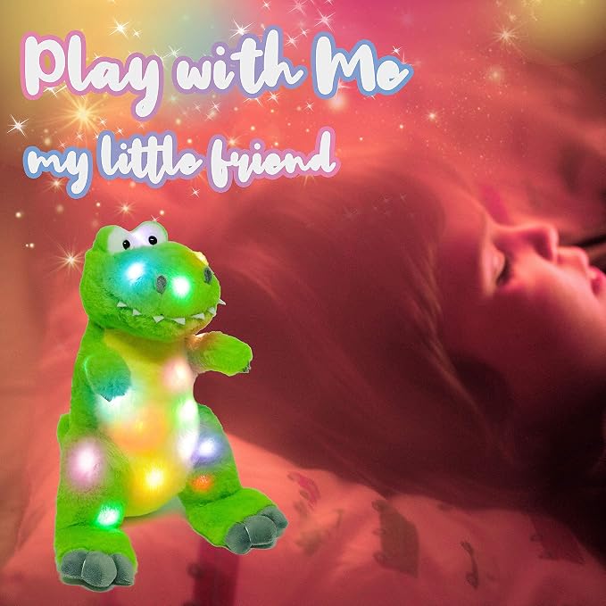 Hopearl LED Plush Dinosaur Lighting Up T-Rex Stuffed Animal Floppy Night Lights Glow in The Dark Birthday Festival for Kids Toddler Girls, Green, 12.5''