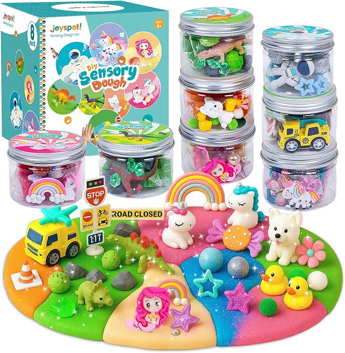 JOY SPOT! 8-Pack Play Dough Jars, Reusable Sensory Play Kit for Kids, Non-Toxic, Educational Creative Playdough,Birthday Valentines Gift,Party Favors, Goodie Bags, Boys Girls Home Preschool Classroom