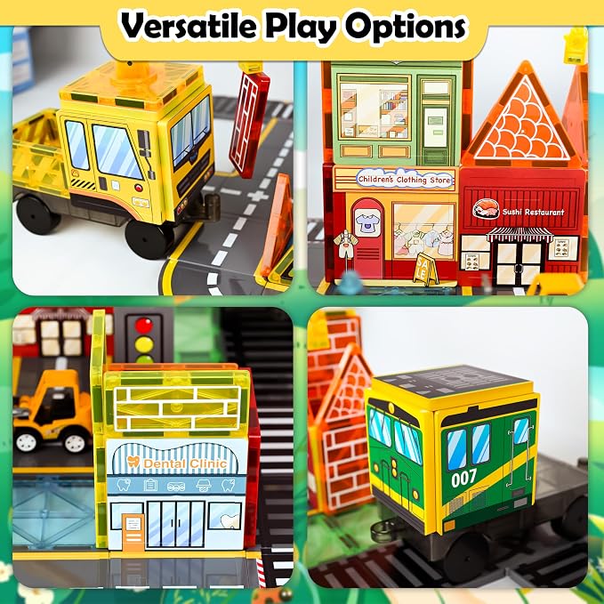 Drofex Magnetic Tiles Road Set with 2pcs Magnetic Crane, Creative Construction Toys for Kids Ages 3-12, Boys & Girls, Engineering Themed Magnetic Building Blocks