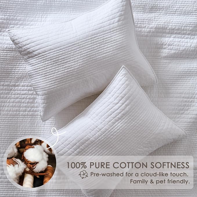 palassio Striped White 100% Cotton Quilt King Size Bedding Sets, Lightweight Crinkly Channel Pick Stitch Textured Bedspread Soft Shabby Chic Farmhouse Country Coverlet for All Season, 2 Shams