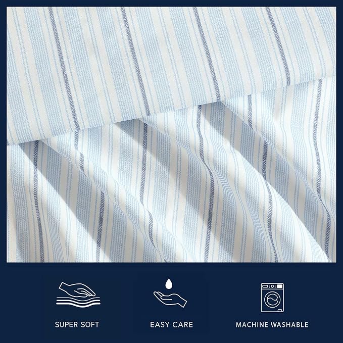 Nautica - Sheets, Cotton Percale Bedding Set with Matching Pillowcases, Crisp & Cool, Deep Pocket (Camp Stripe Blue, Queen)