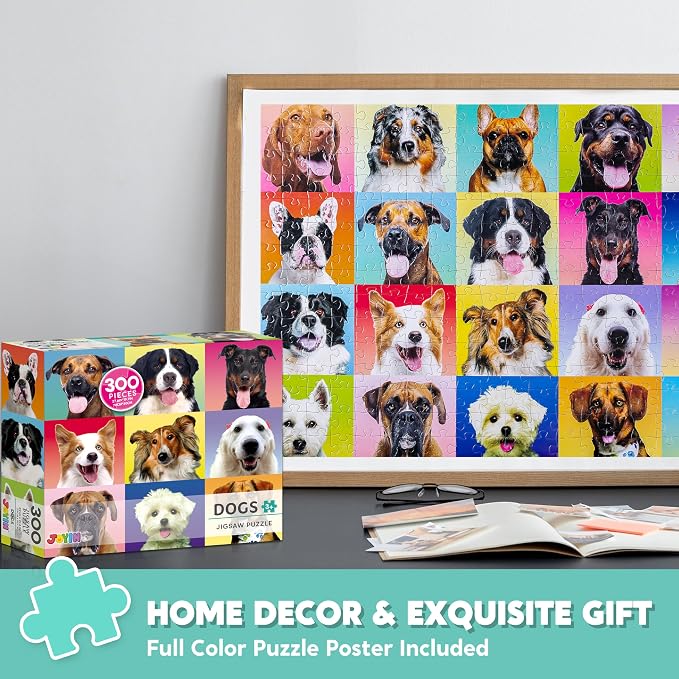 JOYIN 300 pcs Multicolor Dog Puzzles, Jigsaw Puzzle for Kids and Adults(27.6" x 19.7"), Puppy Theme Puzzles for Toddlers, Collection Gift Home Art Decor, Birthday Gift for Boys Girls 3 4 5 6 7 8