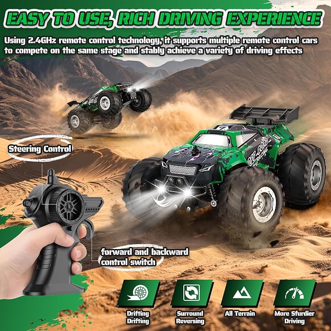 Remote Control Car, All-Terrain Remote Control Truck for Boys 8-12, Headlight, Dual Motors, 1:20, 10KM/H, 2.4GHZ, Speed-Friendly, Sturdy, Rechargeable RC Cars for Beginner, Kids 6+(Green)