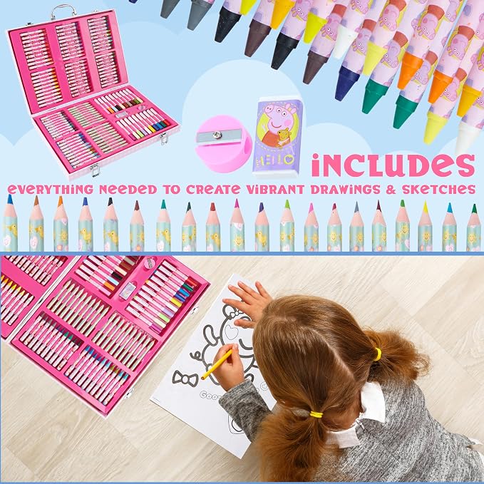 Peppa Pig Colouring, Arts & Crafts Set for Kids, 137 Pcs Stationary Supplies, Colouring Paper Pencils Crayons Eraser & Sharpener, Gifts for Girls