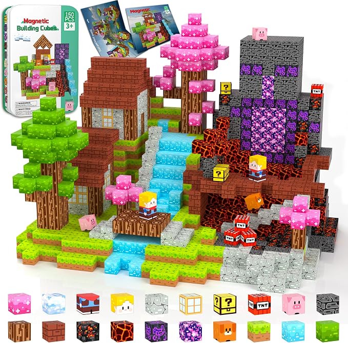 Magnetic Blocks Travel Magnetic Building Blocks Cubes - 150 PCS Tin Box Magnet Toys Set STEM Educational for Kids Ages 4-8 6-8 8-12 Year Old Boys Girls Gifts Birthday Christmas
