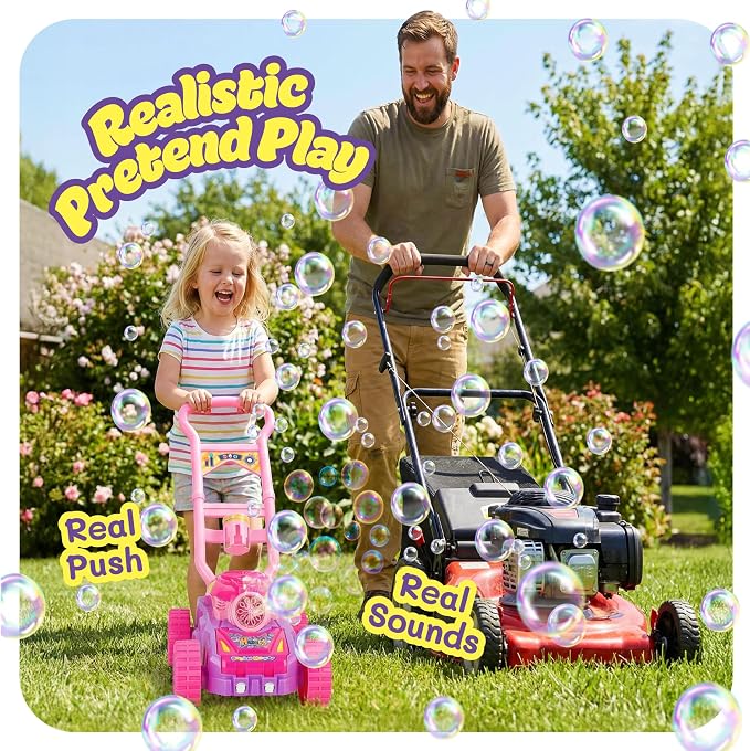 Hoopi Extreme Bubble Lawn Mower for Toddlers 1-3, Spill-Proof Kids Bubble Machine with Lights for 2-Year-Old Girl Birthday Gift, Bubbles Blowing Push Toddler Outdoor Toys for Ages 2-4 with 3 Bottles