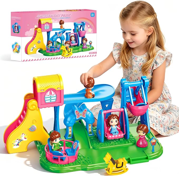 XDUOYJOY Doll House Playground Playset with 4 Toy Figures, Slide, Swing, Rocking Horse, Pirate Ship, Dollhouse & Doll Accessories Pretend Play Fun for Kids Ages 3+