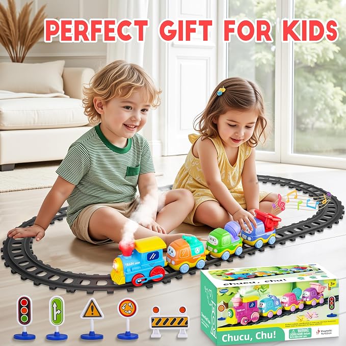Funwee Steam Track Train Set for Toddlers, Magnetic Connection Train Toys w/Lights & Sounds, Electric Cartoon Choo Choo Train, Toy Train Christmas Birthday Gift for Toddlers 2 3 4 5+ Boy Girl (Blue)