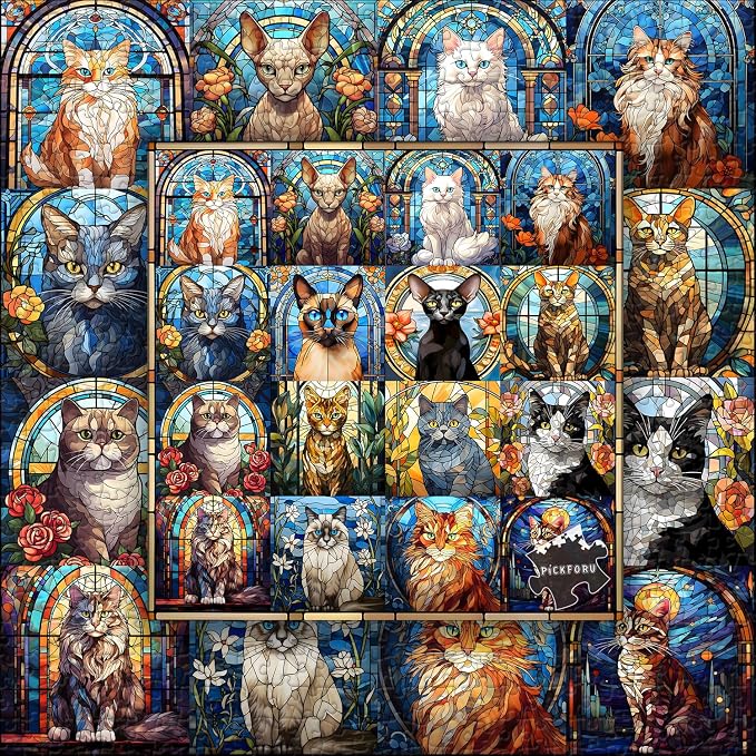 Stained Glass Puzzle Cat Puzzles for Adults 1000 Pieces, Colorful Kitty Kitten Collage Puzzles 1000 Pieces, Hard Difficult Impossible Challenging Jigsaw Puzzles for Adults