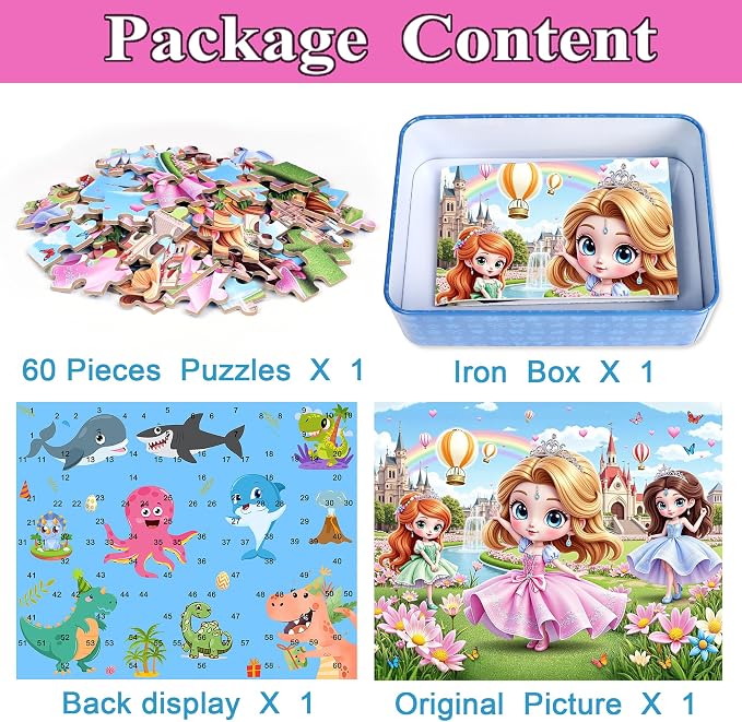 MZZOTOY Princess Puzzle for Kids Ages 4-8, 60 Pieces Jigsaw Puzzles for Kids Ages 3-5， Learning Educational Puzzles Toys Great Gift for Boys Girls in a Metal Box