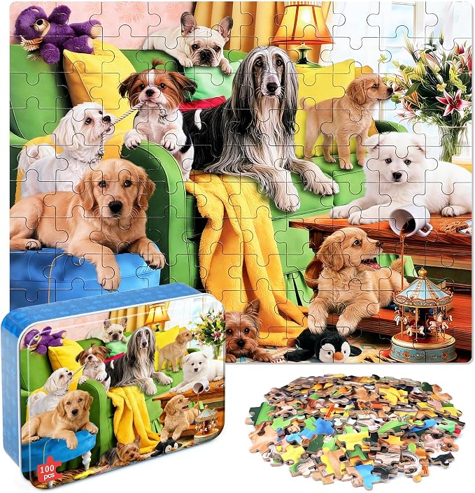 LELEMON Puzzles for Kids Ages 4-6,Playful Dog 100 Piece Puzzles for Kids Ages 6-8 in a Metal Box,Educational Jigsaw Puzzles,Childrens 100 Piece Puzzle Games Puzzle Toys for Girls and Boys