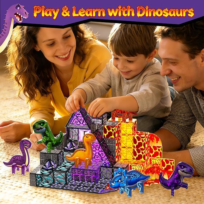 GobiDex 80PCS Dinosaur Toys Magnetic Tiles with 6 Dinosaurs - Jurassic Scenes Dinosaur World Adventure Set, Magnetic Blocks for Kids Ages 3-5 4-8, STEM Building Toys for 3+ Year Old Boy Birthday Gifts