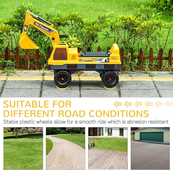Qaba No Power 2 in 1 Ride On Excavator with Helmet and Claw, Construction Truck Set, Multi-Functional Digger with Storage, Light and Music, Yellow