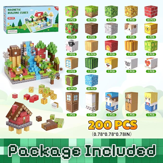 200PCS Magnetic Building Blocks Set, Magnetic Tiles Kids Build Cubes STEM Game Toys, Build Forest World Set, Christmas Birthday Gifts for Boys & Girls Age 3 4 5 6 7 8 9 10, 0.78 in Size