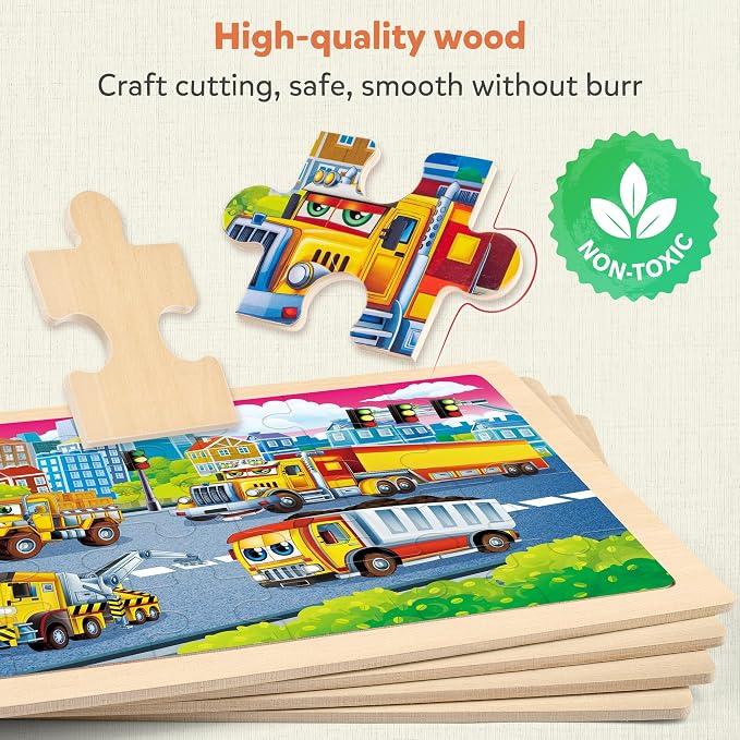 SYNARRY Large Wooden Construction Vehicle Puzzles for Toddlers 3-5, 24 Piece Monster Truck Puzzles for Kids Ages 4-6, Construction Toys for 3 4 5 6 Year Old, Kids Toys Easter Basket Stuffers Gifts