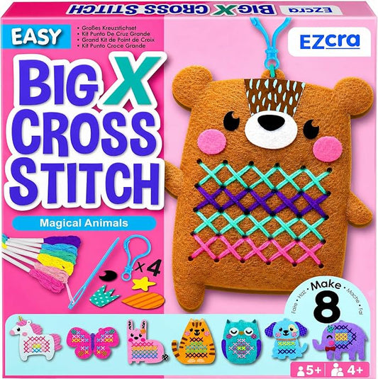 EZCRA Beginner Needlepoint Cross Stitch Kit for Kids Ages 5-8 - Easy Embroidery Starter Set with Jumbo Plastic Needles, Pre-Printed Patterns, Instructions - DIY Arts & Crafts for Girls & Boys