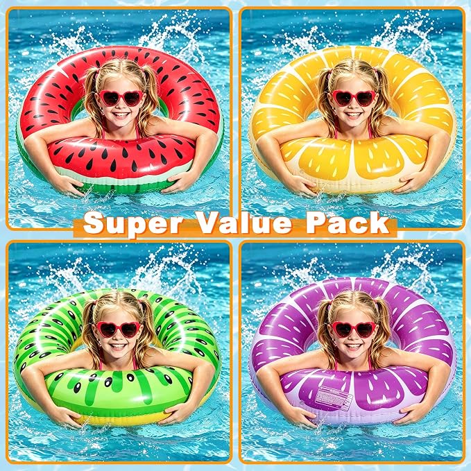 8 Pack Inflatable Pool Floats, Pool Toys for Swimming Pool Party Kids Adults 4 Pcs Fruit Swim Tube Rings & 4 Pcs Beach Balls Pool Floaties Summer Lake Hawaiian Beach Luau Party Decorations Water Fun