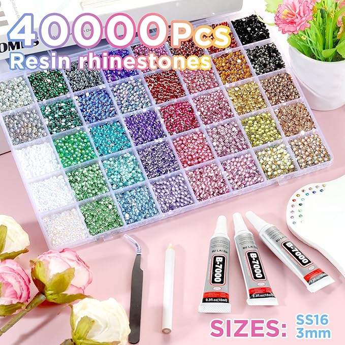 Zefy 40 Colors Resin Rhinestones for Bedazzling, 3mm 40000 Pcs Flatback Gems for Crafting, Bedazzling Kit with 3Pcs B7000 Glue for Clothing Shoes Nail Book Diamond Art