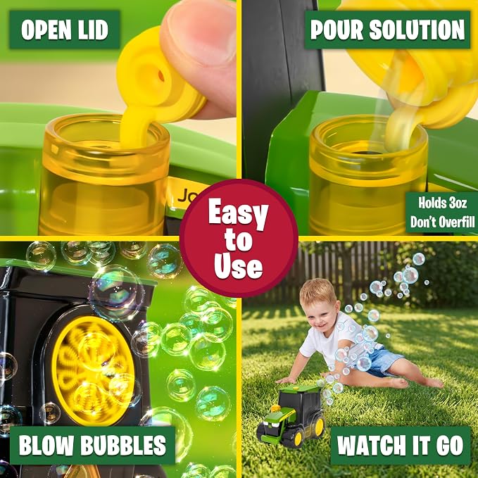 John Deere Bubble N Go Tractor, Battery Powered Bubble Blowing Toy with Real Headlights and Smart Motion Sensors