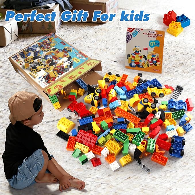 Klobroz Building Blocks for Toddlers 2-5, 171 Pieces Blocks Car Set for Kids Classic Large Building Bricks Compatible with All Major Brands Educational Toys for All Ages
