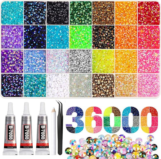Artdone 36000Pcs Resin Rhinestones 3mm Jelly AB 28Colors for Bedazzling Glitter Kit DIY, Multicolor Crystal Diamond Pearls with 3Pcs 10ml B7000 Jewelry Glue for Bedazzled Nail Art Supplies Decoration