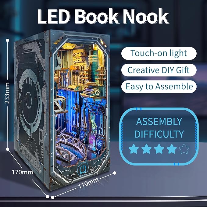 Booknook DIY Miniature Dollhouse, Book Nook Set for Adults & Beginners with LED Lights for Brighter Ambiance 3D Wooden Bookshelf Puzzle Booknook- Planetary Era