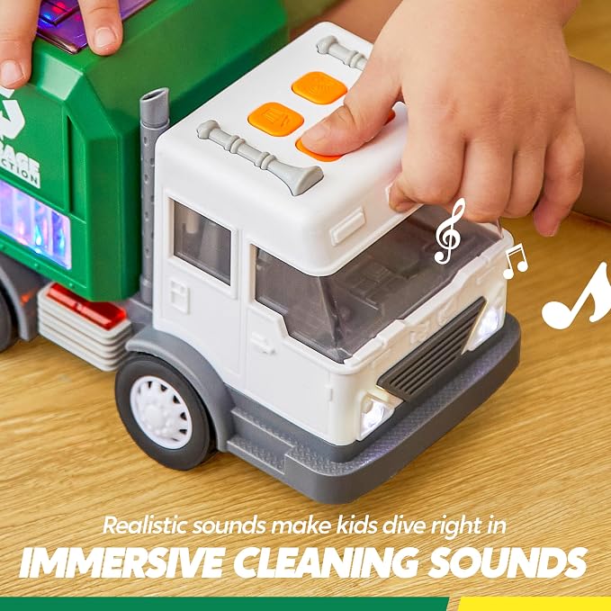 Vroomix LED Garbage Truck Toy Set Includes Dumpster, Toy Truck with Mode Switch & Volume Control, Trash Vehicle with Lights and Sounds, Automatic Bump, Birthday Gift for Boys Girls