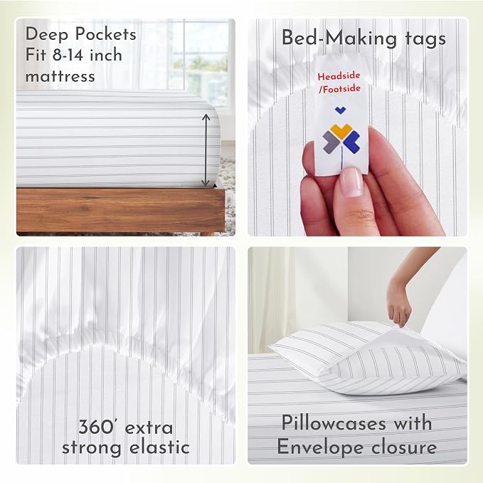 California Design Den Full Sheet Set Stripe, 100% Cotton, Deep Pocket Full Sheets & Pillowcase Set, Soft Sateen Weave - Classic Stripe