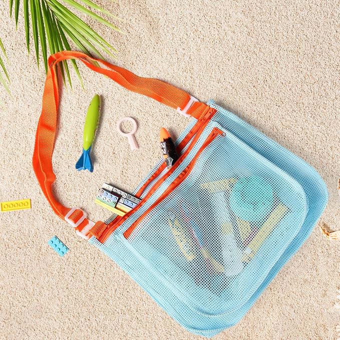 5 Pcs Sand Toys Beach Set Include 1 Metal Shovel,1 Metal Rake,1 Foldable Beach Bucket & 1 Sand Sifter with 1 Mesh Beach Bag for Shells Collecting