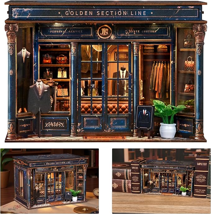 ISSEVE Book Nook Kits for Adults, DIY Booknook Kit Miniature Dollhouse Book Nooks, 3D Wooden Puzzle Model Building Creative Bookshelf Home Decoration Adult Crafts Kits Gift (Golden Section Line)