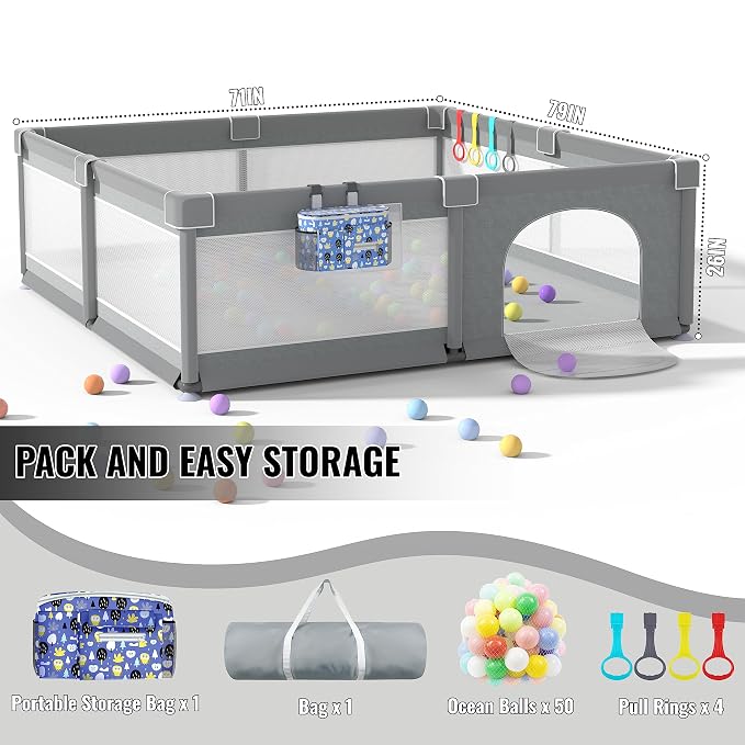 LUTIKIANG Extra Large Playpen for Toddlers, 79" X 71" with Gates, Baby Play Yards, Safety Indoor Play Area, Ocean Balls (Grey)