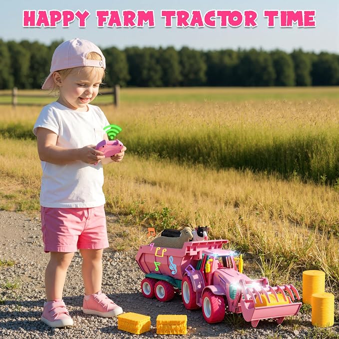 Funwee RC Farm Tractor Toy w/Light & Music, Kids Trailer Toy w/Front Loader & Farm Animal, 2.4GHz RC Tractor Truck Car for Boys & Girls, Toddler Vehicle Playset Age 3-8+ Year Old Gifts (Pink)