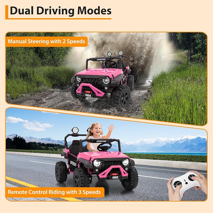 24V Ride on Car for Big Kids, Iron 2 Seater Ride on Toy, Fast 4.97MPH Truck, 4WD Kids Electric Vehicles with Remote Control, Spring Suspension, Front & Behind LED Lights, Dual Storage, Music,