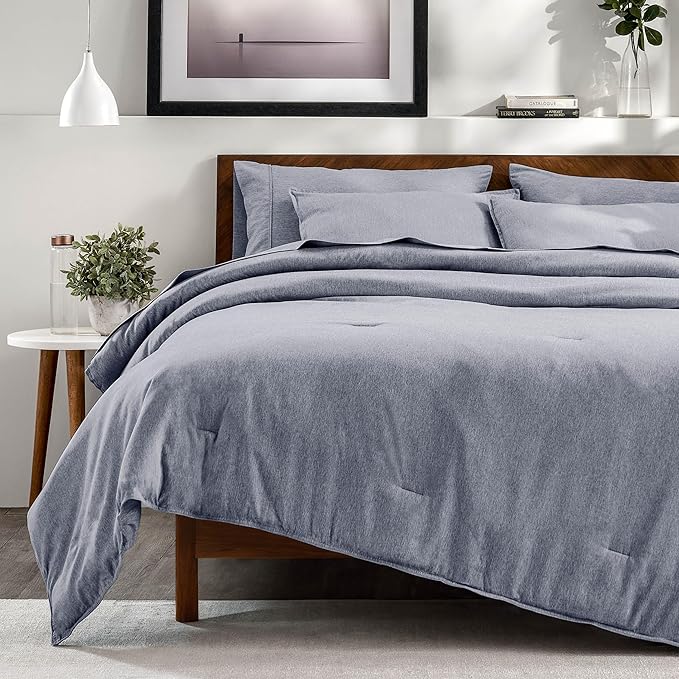 Bare Home Bed-in-A-Bag 7 Piece Comforter & Sheet Set - Queen - Goose Down Alternative - Ultra-Soft 1800 Premium Bedding Set - Cationic (Queen, Heathered Midnight Blue)