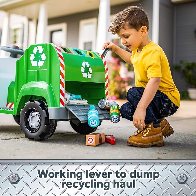 Kid Trax Real Rigs Toddler Recycling Truck Interactive Ride On Toy, Kids Ages 1.5-4 Years, 6 Volt Battery and Charger, Sound Effects, 9 Recycling Accessories Included,Green