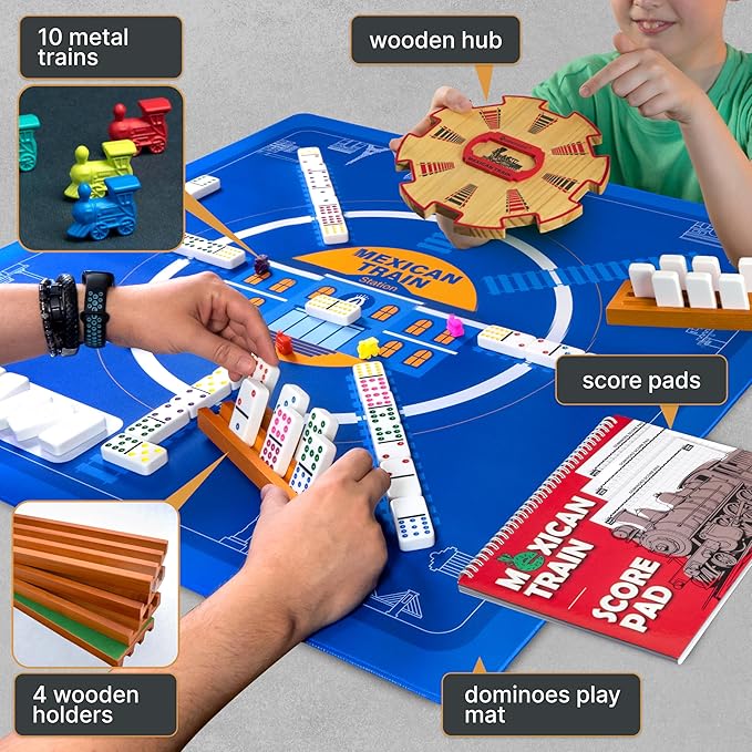 Queensell Double 9 Dominos Set for Adults and Kids with Colored Dots – Classic Dominoes Game Set with 55 Tiles, Wooden Hub, Trains and EVA Carrying Case