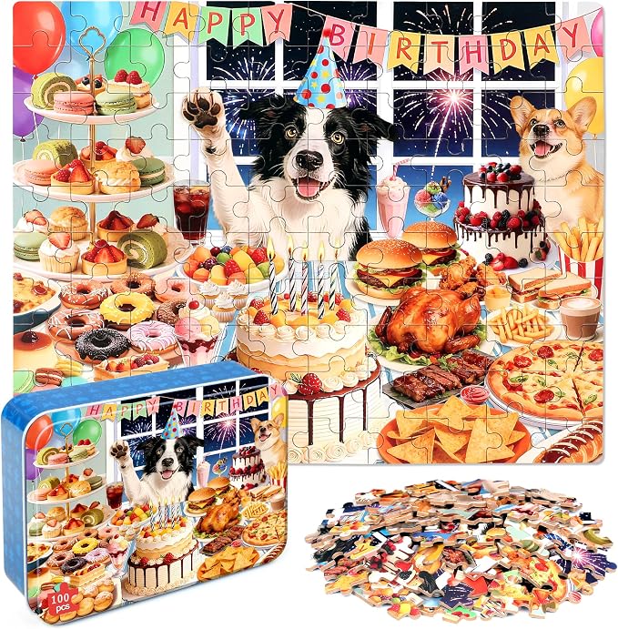 MZZOTOY Dog Birthday Party Puzzle for Kids Ages 4-8, 100 Pieces Jigsaw Puzzles for Kids Ages 3-5， Learning Educational Puzzles Toys Great Gift for Boys Girls in a Metal Box