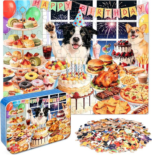 MZZOTOY Dog Birthday Party Puzzle for Kids Ages 4-8, 100 Pieces Jigsaw Puzzles for Kids Ages 3-5， Learning Educational Puzzles Toys Great Gift for Boys Girls in a Metal Box