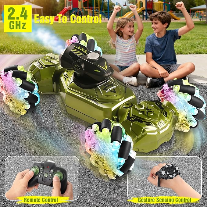 Gesture Sensing Remote Control Car, RC Cars Toys for Boys Age 6-12, 4WD Hand Controlled Twist & Transform 360° Spins Stunt Car with Mist, Light & Music, 8-10 Year Old Boys Birthday Gift Green