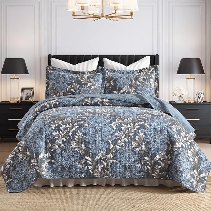 100% Cotton Classic Damask Reversible King Size Quilt Set, Blue & White | Traditional Elegant, Floral Pattern, King Quilt with Shams, Lightweight, Scrollwork, 3 Piece Bedspread, All Season, 106"x98"