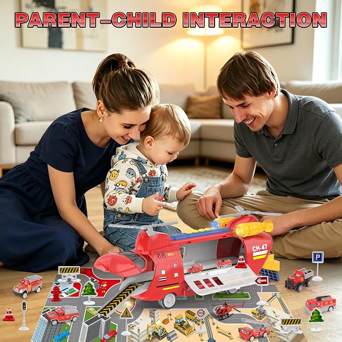 Toddler Airplane Toys w/ 7 Alloy Fire Truck Toys/Helicopter, 1 City Play Mat, 12 Road Signs, Airplane Launcher Toys with Lights & Sounds, Auto Spin Propellers, Toy Cars Ejection, Gift for Kids Age 3+
