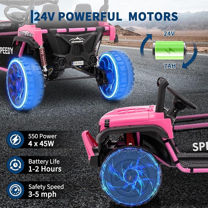 24V 2-Seater Ride on UTV Truck with Remote Control – 4WD Electric Vehicle Designed for Big Kids, Featuring Spring Suspension, Front and Behind LED Lights, Dual Storage Compartments, 3 Speed Settings,