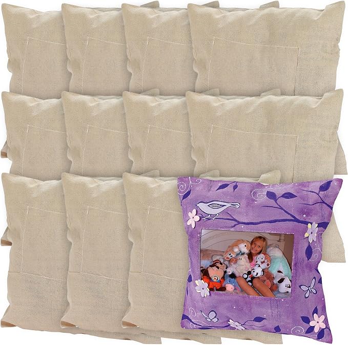 Fun Express Throw Pillow Covers Set of 12 - DIY Blank Canvas Pillow Cases with Zipper for Crafting | White Cotton Square Pillow Covers 12x12 for Photo Projects, Kids Crafts & Custom Home Decor