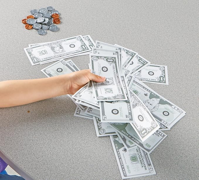 Learning Resources Pretend & Play Money - Kids Cash Register, Dollars, Pretend Classroom Play Sets for Kids, Toy Currency, Toy Dollar Bills